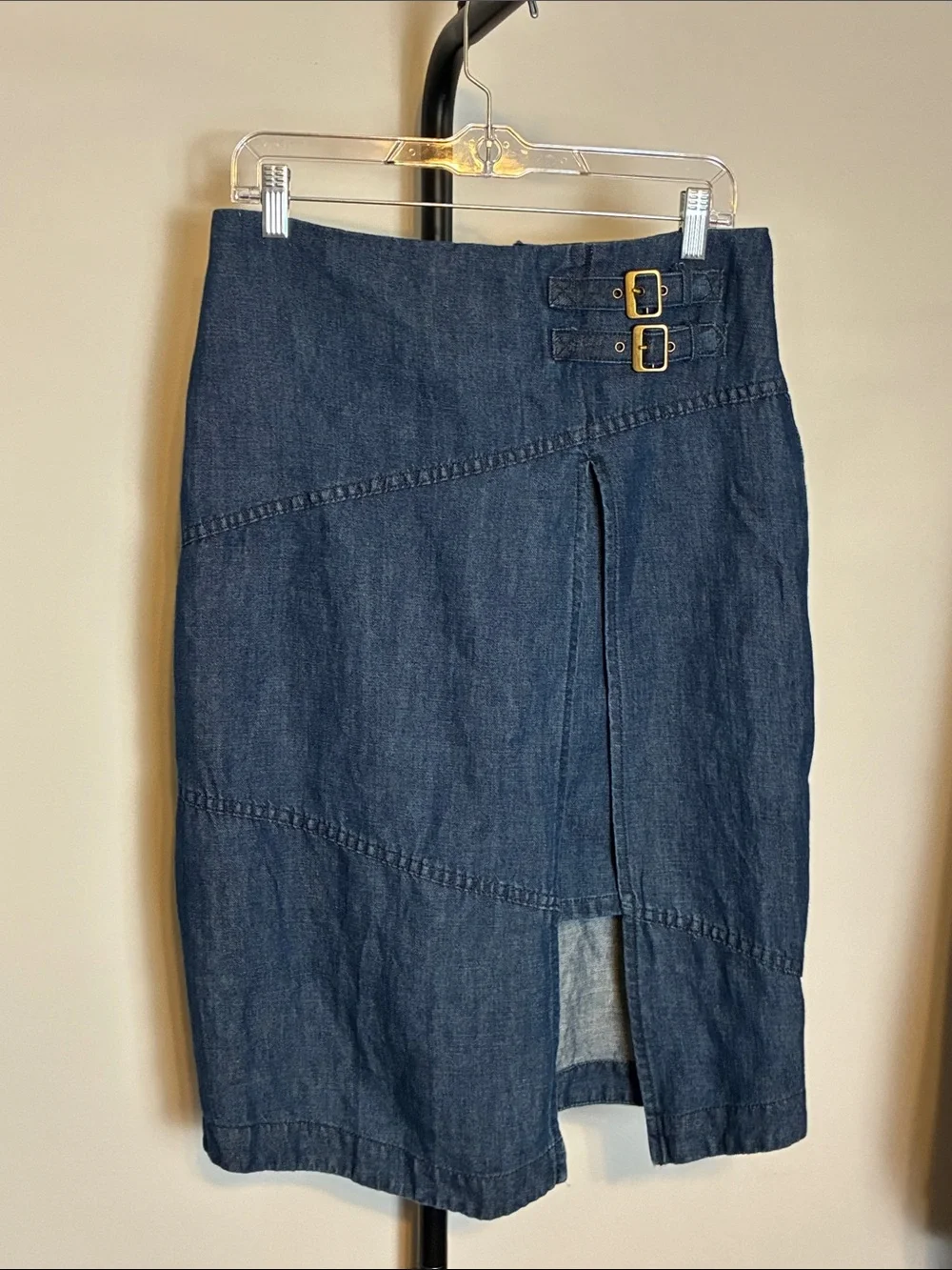 Anthro HOLDING HORSES Dark Blue Jean Denim Midi Skirt Buckles Size 8 - Picture 2 of 8